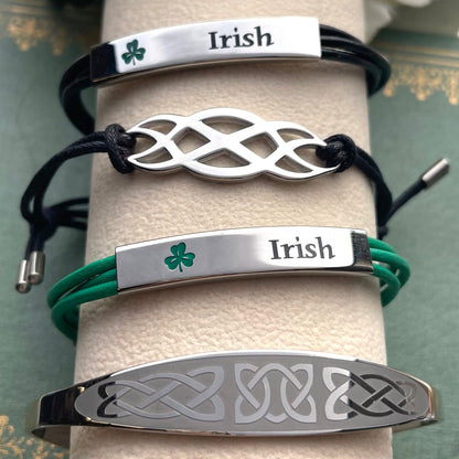 Irish Green Leatherette Cord Bracelet with Shamrock and "Irish" Engraving