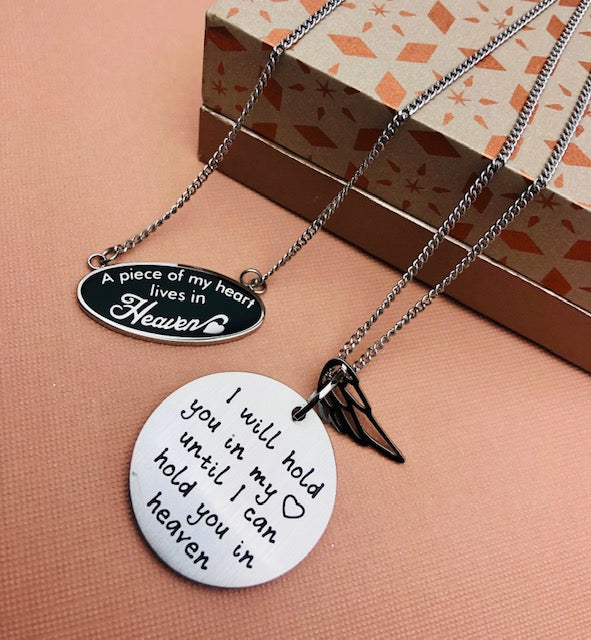 Angel Wing Memorial Pendant Necklace Engraved "I will hold you in my heart until I can hold you in heaven"