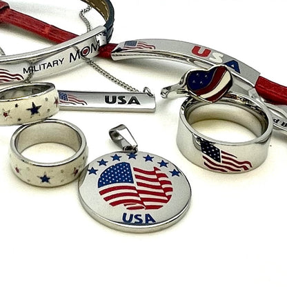 Patriotic USA American Flag Red Leather Adjustable Bracelet