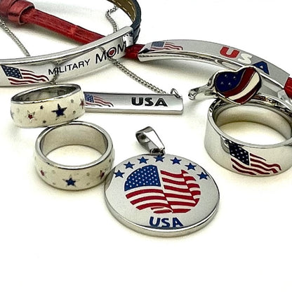 USA Flag Engraved Stainless Steel Bar Pendant Necklace