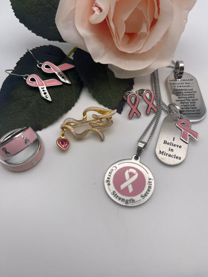 I Believe in Miracles Stainless Steel Dog Tag Necklace with Pink Ribbon Pendant - Inspirational Breast Cancer Awareness Jewelry Gift