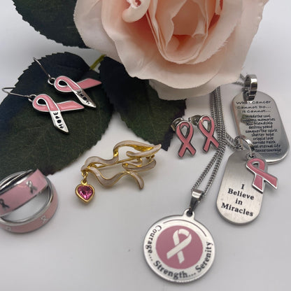 Pink Enamel Cancer Awareness Ribbon Pendant Necklace with Inspirational Message Jewelry for women