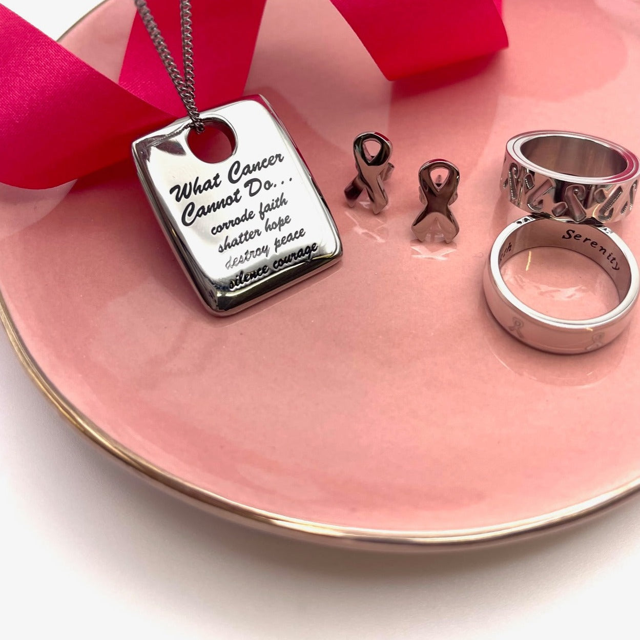 Pink Enamel Courage, Strength & Serenity Breast Cancer Awareness Ring Gift for Women