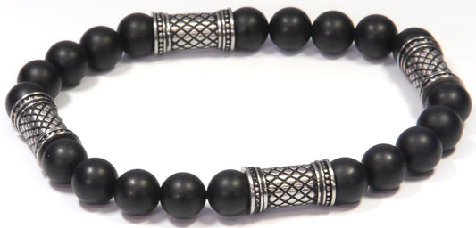 Men's Black Onyx Beaded Stretch Bracelet with Textured Stations - Unisex Spiritual Prayer Beads Jewelry