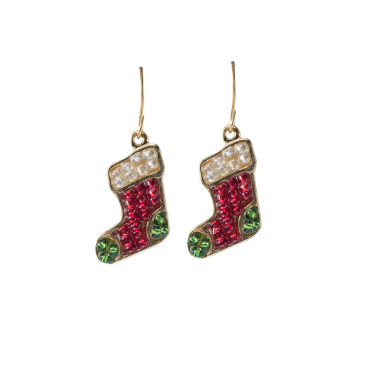 Festive Christmas Stocking Dangle Earrings in Gold with Red and Green Enamel
