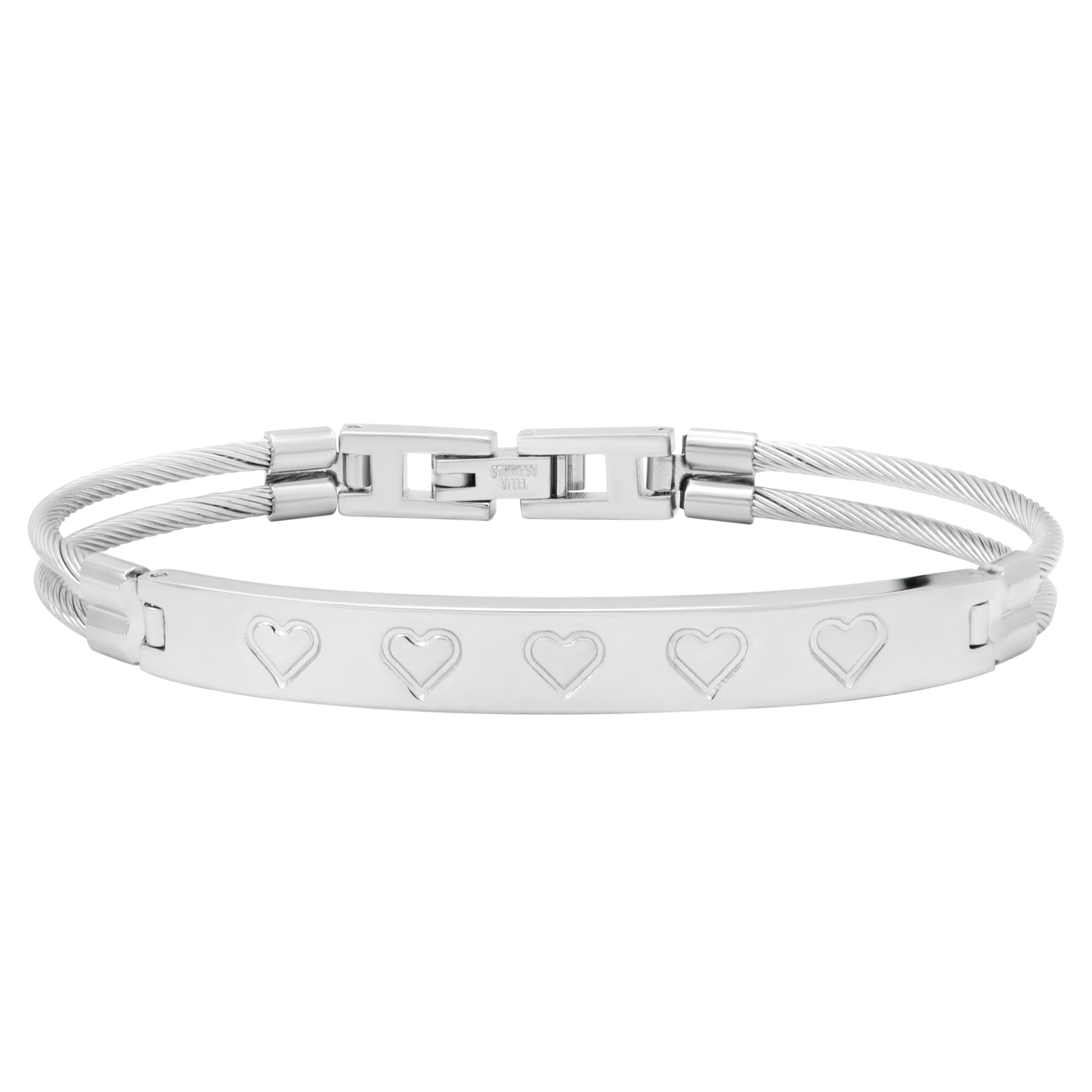 Stainless Steel Etched Love Heart Cable Bracelet - Hypoallergenic Adjustable Bracelet Gift for Her