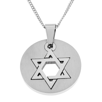 Stainless Steel Star of David Round Pendant Necklace - Jewish Religious Symbol Jewelry Gift