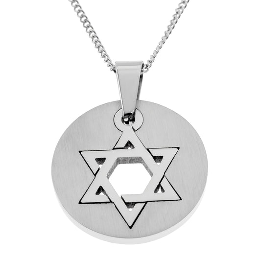 Stainless Steel Star of David Round Pendant Necklace - Jewish Religious Symbol Jewelry Gift