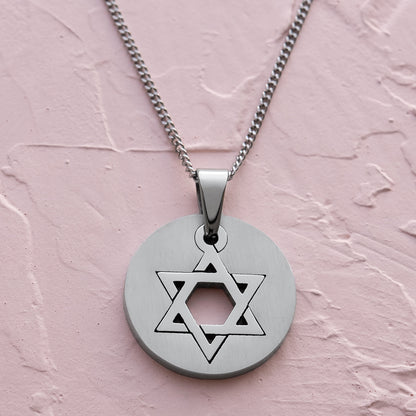 Stainless Steel Star of David Round Pendant Necklace - Jewish Religious Symbol Jewelry Gift