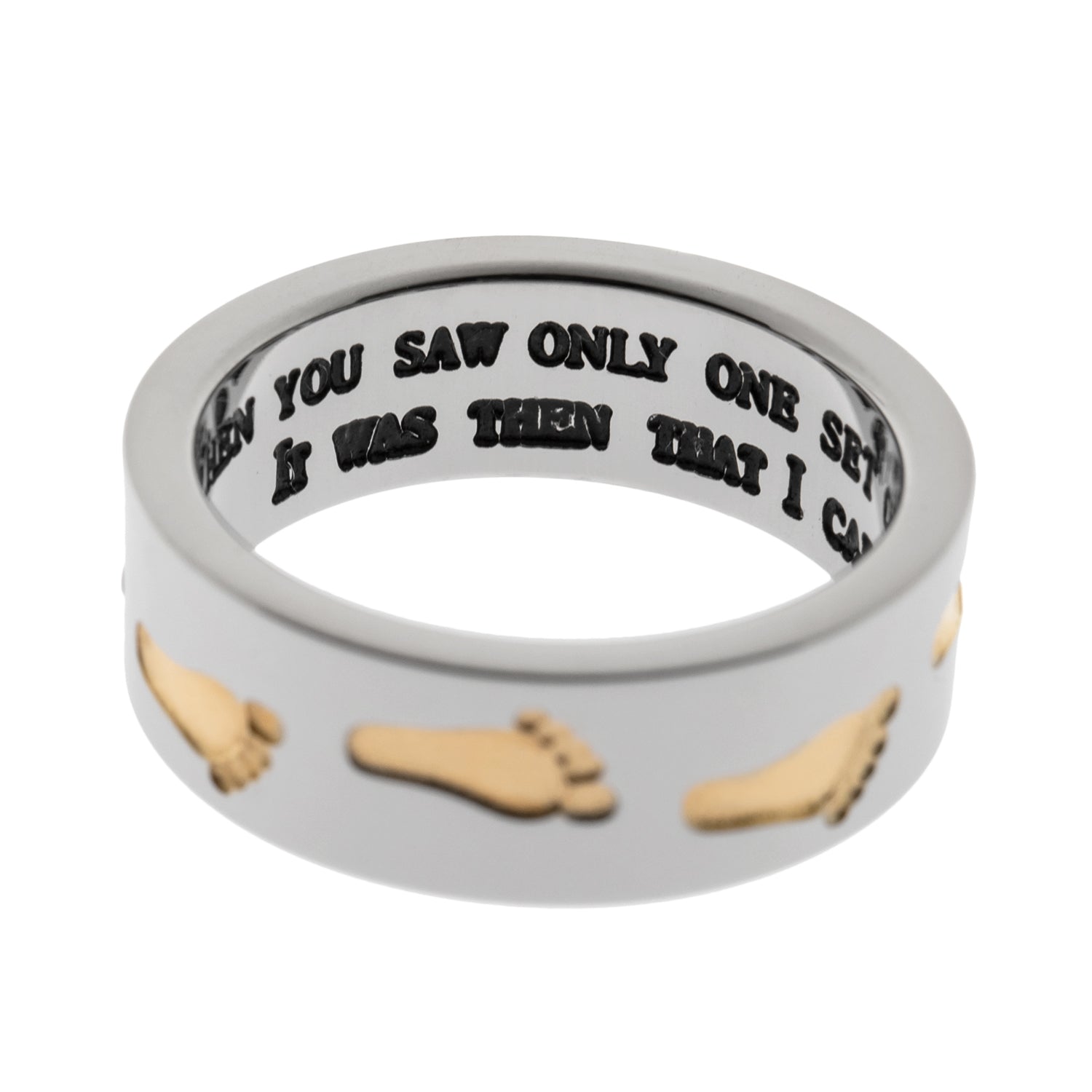 Inspirational Footprints in the Sand Stainless Steel Ring with Gold Accents