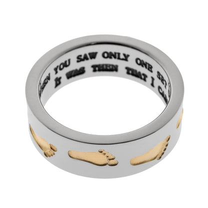 Inspirational Footprints in the Sand Stainless Steel Ring with Gold Accents