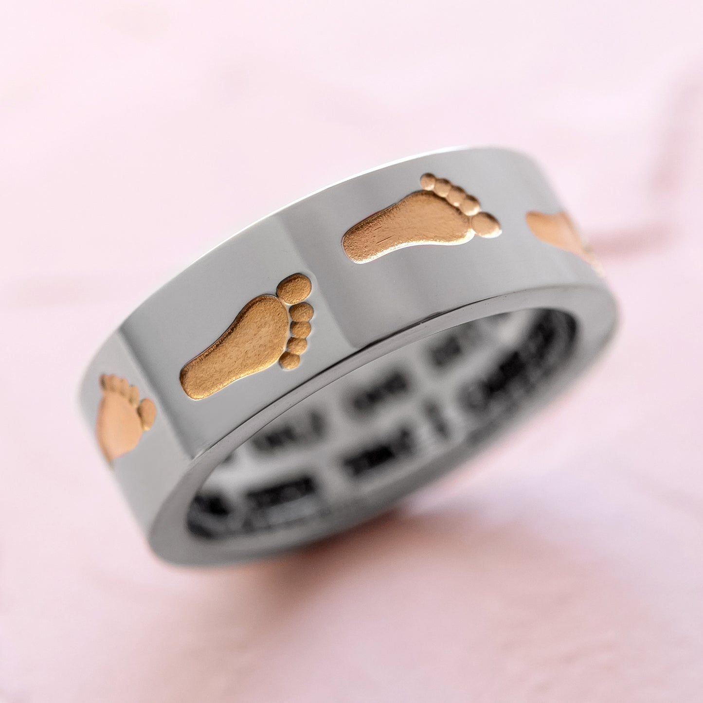 Inspirational Footprints in the Sand Stainless Steel Ring with Gold Accents