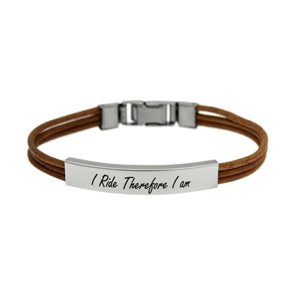 I Ride Therefore I Am Engraved Leather Horse Lover Bracelet