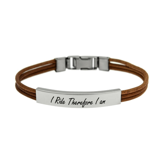 I Ride Therefore I Am Engraved Leather Horse Lover Bracelet