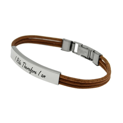 I Ride Therefore I Am Engraved Leather Horse Lover Bracelet