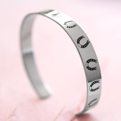 Stainless Steel Lucky Horseshoe Cuff Bracelet - Black Enamel Equestrian Jewelry Gift