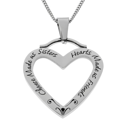 Engraved Stainless Steel "Chance Made Us Sisters, Hearts Made Us Friends" Open Heart Pendant Necklace, Perfect Sentimental Gift for Sister