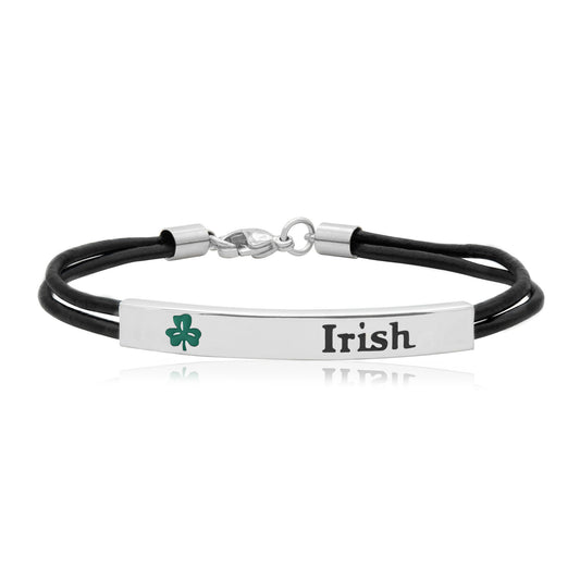 Irish Leather Cord Bracelet with Shamrock and Engraved Stainless Steel Plaque
