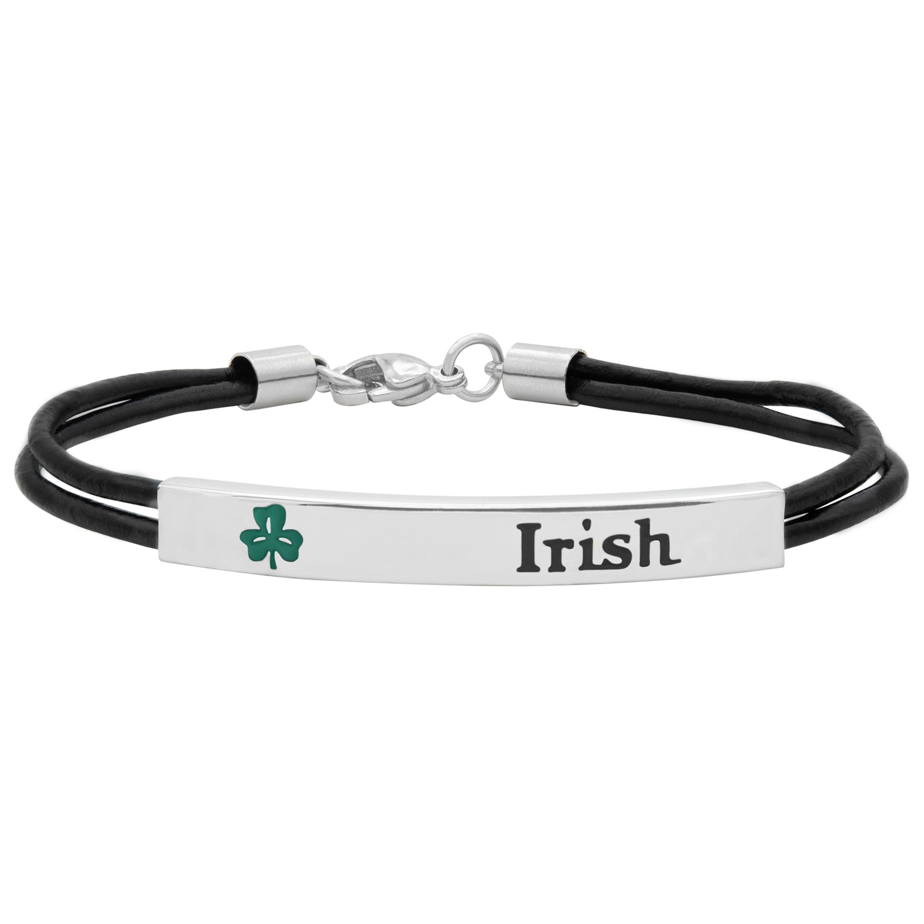 Irish Leather Cord Bracelet with Shamrock and Engraved Stainless Steel Plaque