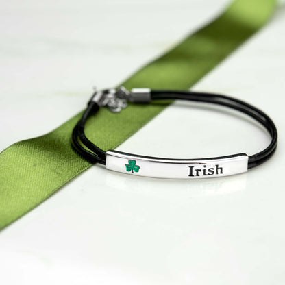 Black Leatherette Cord Bracelet with Shamrock and Engraved with Irish Stainless Steel