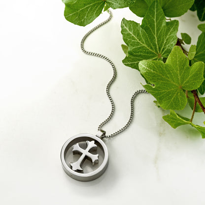 Two-Sided Stainless Steel Encircled Cross Pendant Necklace