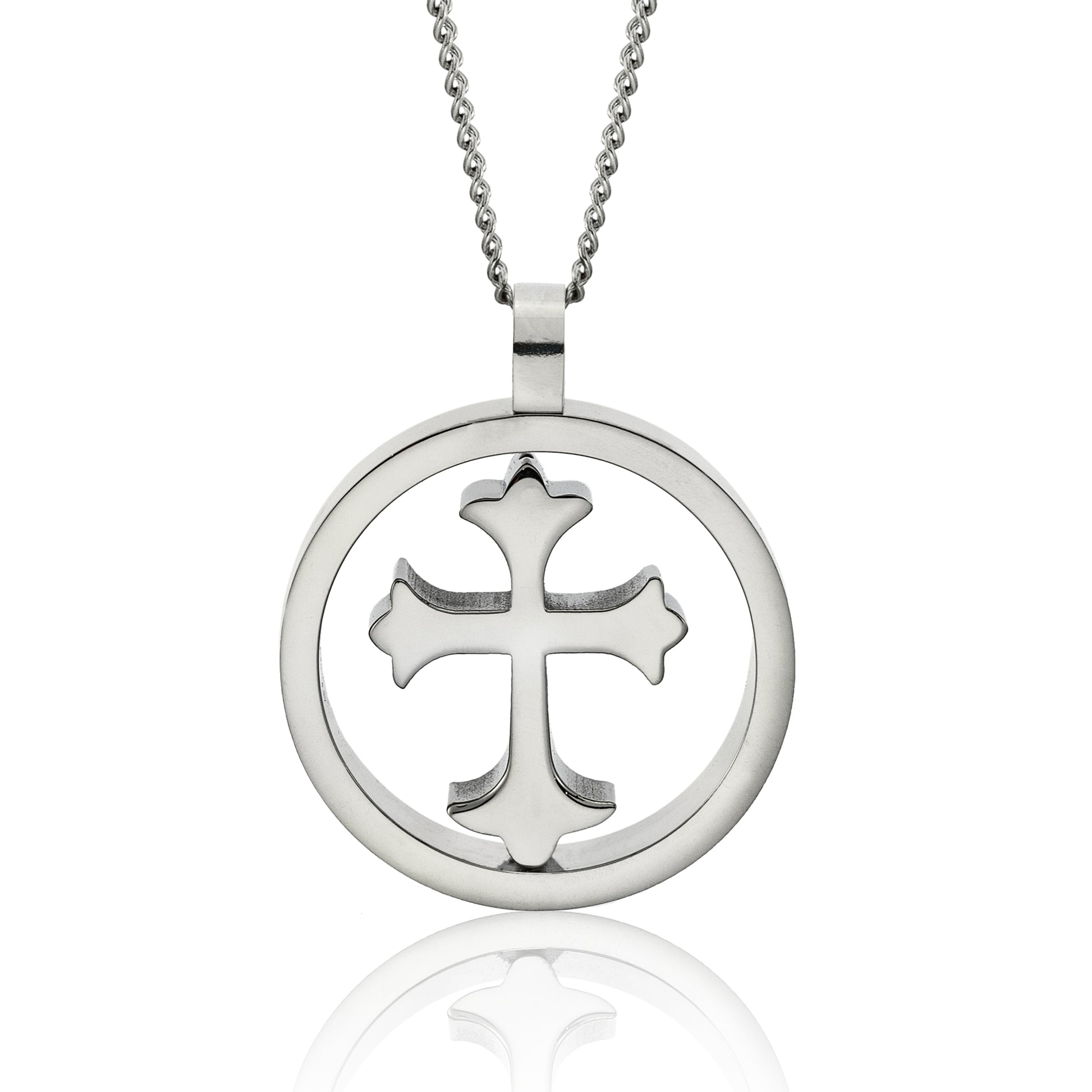 Two-Sided Stainless Steel Encircled Cross Pendant Necklace