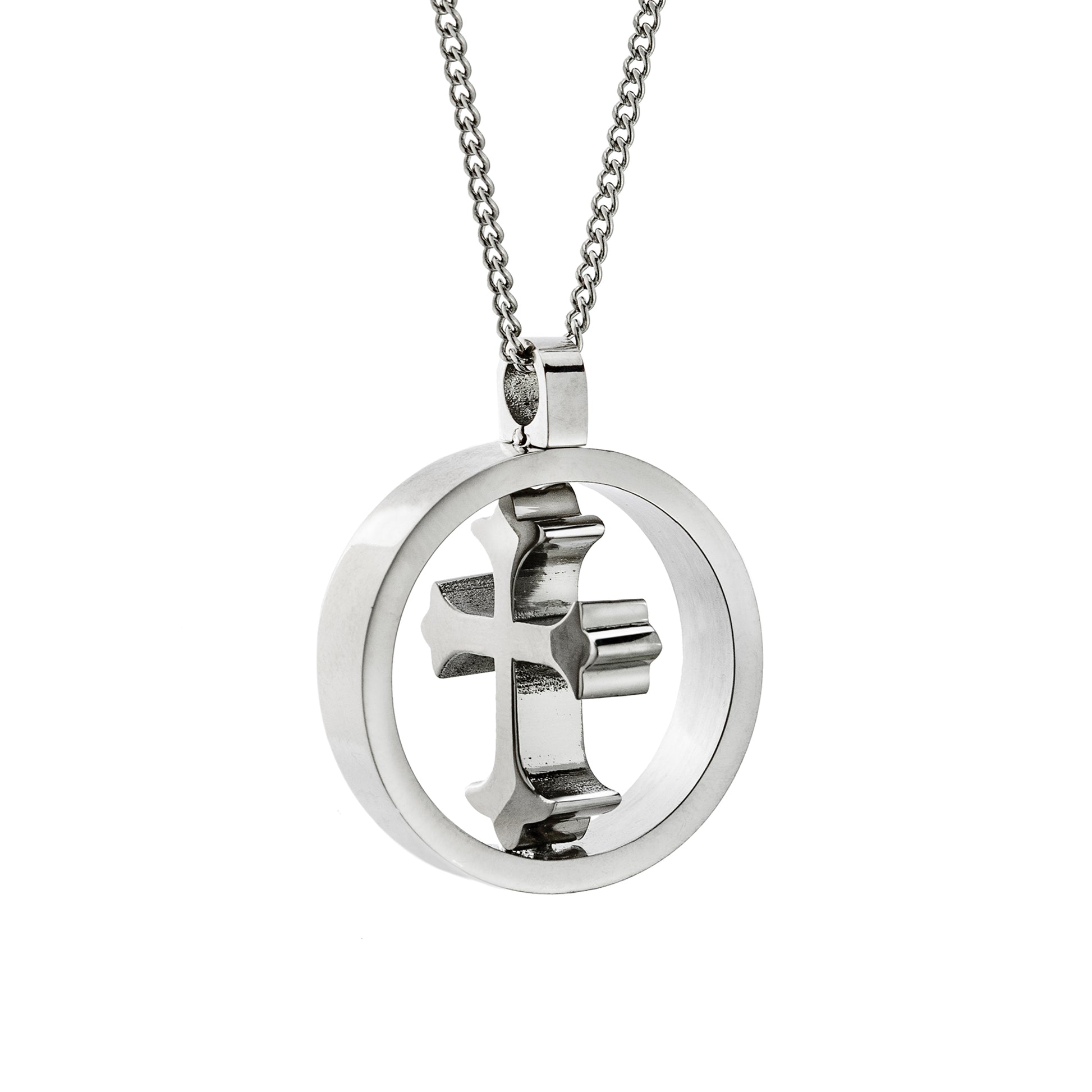 Two-Sided Stainless Steel Encircled Cross Pendant Necklace
