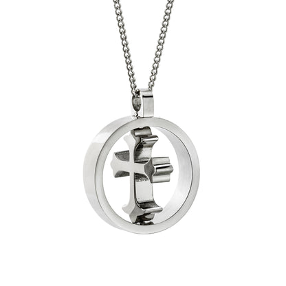 Two-Sided Stainless Steel Encircled Cross Pendant Necklace