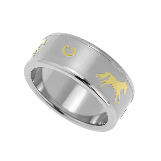 Sandblasted Stainless Steel Horse and Heart Ring - Gold Ion Plated - Equestrian Jewelry Gift