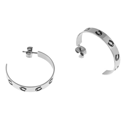 Stainless Steel Lucky Horseshoe Hoop Earrings in Black Enamel - Perfect Gift for Horse Lovers