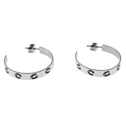 Stainless Steel Lucky Horseshoe Hoop Earrings in Black Enamel - Perfect Gift for Horse Lovers