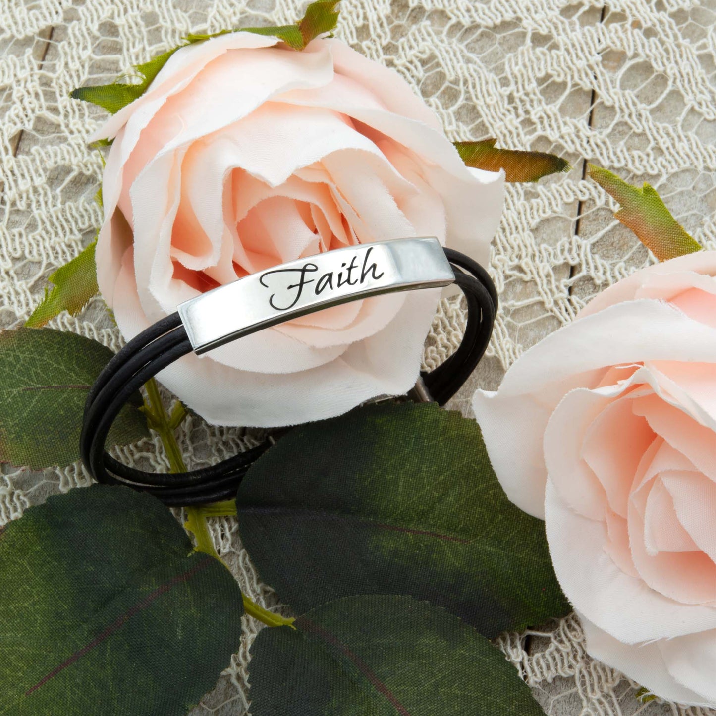 "Faith" Stainless Steel Leatherette Cord Bracelet Inspirational Christian Jewelry Gift for Women Girls Men