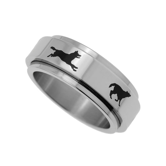 Stainless Steel Running Wolves Spinner Ring - Unisex Wolf Animal Ring