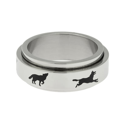 Stainless Steel Running Wolves Spinner Ring - Unisex Wolf Animal Ring