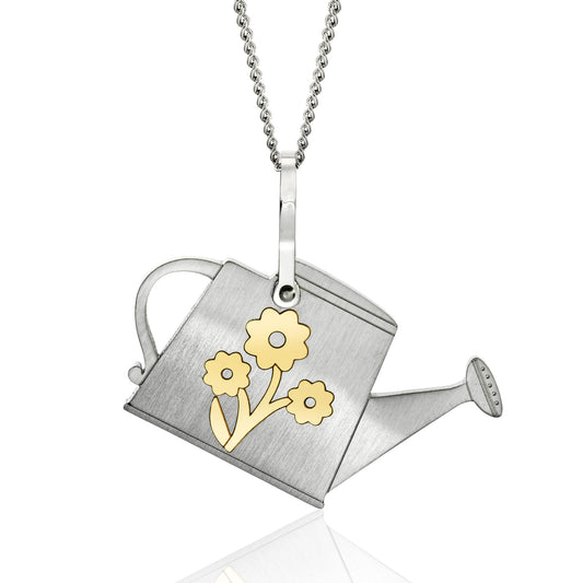 Stainless Steel Engraved Flower Watering Can Pendant Necklace - Gardening Jewelry Gift for Women