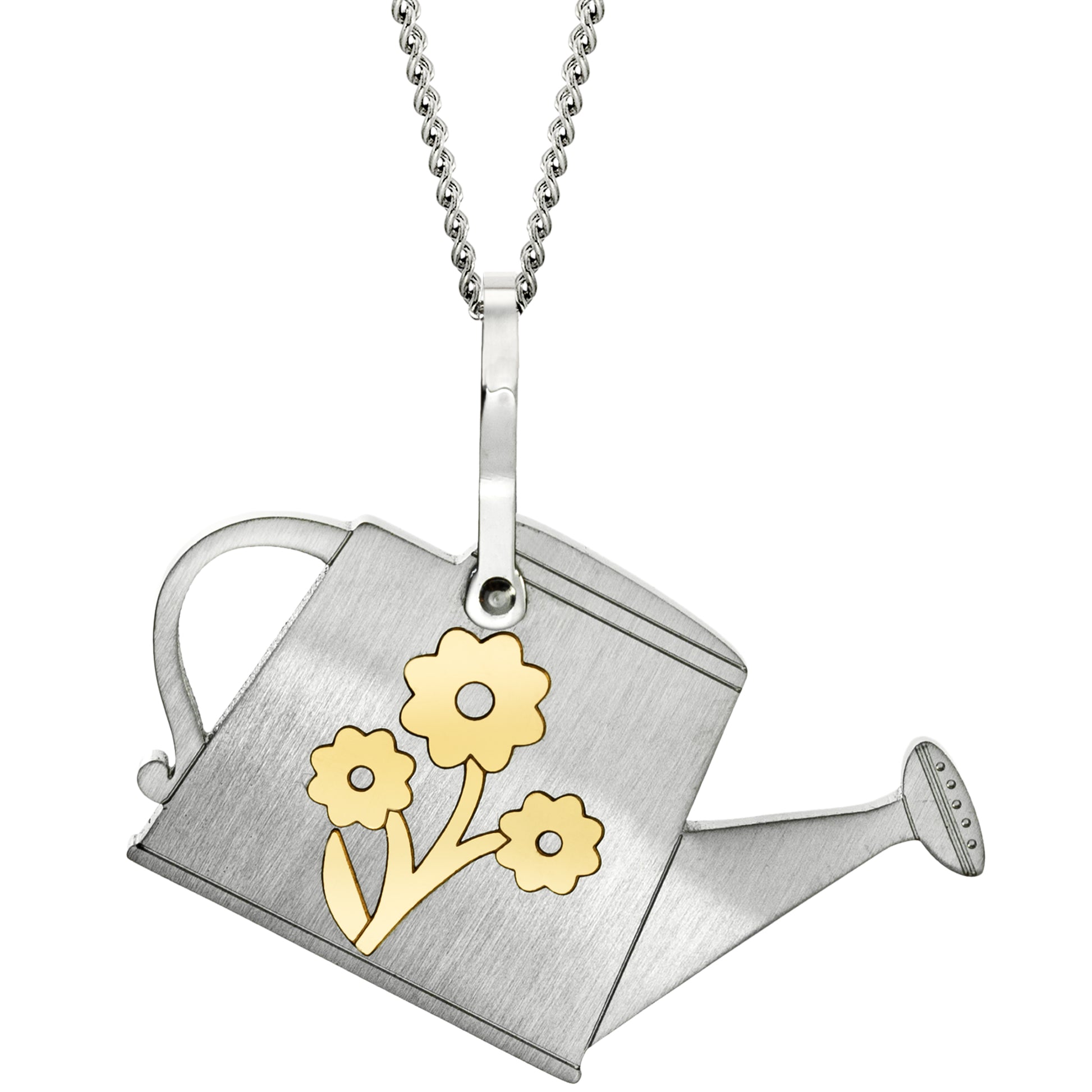 Stainless Steel Engraved Flower Watering Can Pendant Necklace - Gardening Jewelry Gift for Women