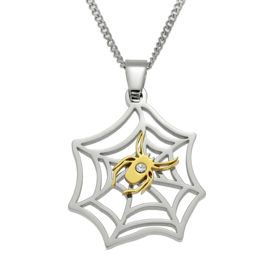 Two Tone Stainless Steel Spider Web Pendant Necklace with Gold Spider and Crystal