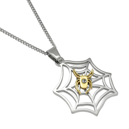 Two Tone Stainless Steel Spider Web Pendant Necklace with Gold Spider and Crystal