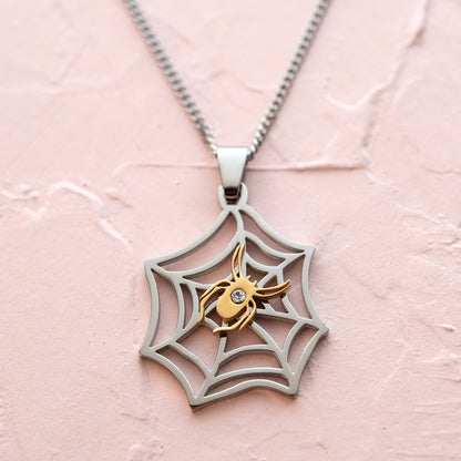 Two Tone Stainless Steel Spider Web Pendant Necklace with Gold Spider and Crystal