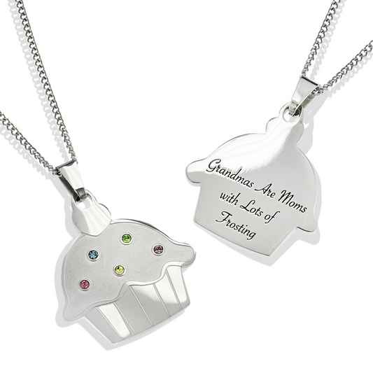 Grandmas Are Moms with Lots of Frosting Stainless Steel Engraved Cupcake Pendant Necklace