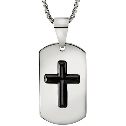 Stainless Steel Dog Tag Cross Pendant Necklace with Black Onyx - Religious Jewelry for Men or Women