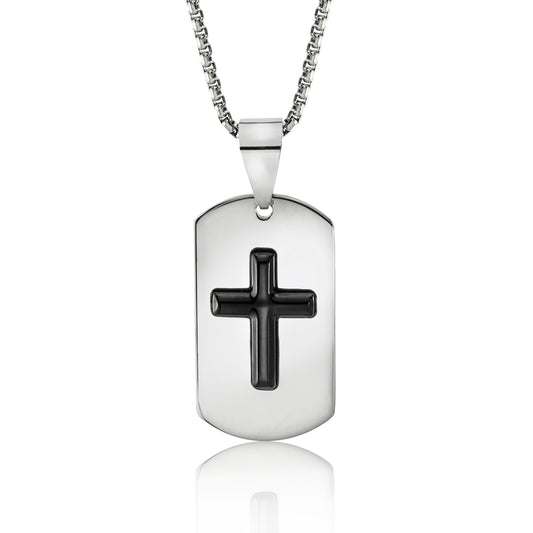 Stainless Steel Dog Tag Cross Pendant Necklace with Black Onyx - Religious Jewelry for Men or Women