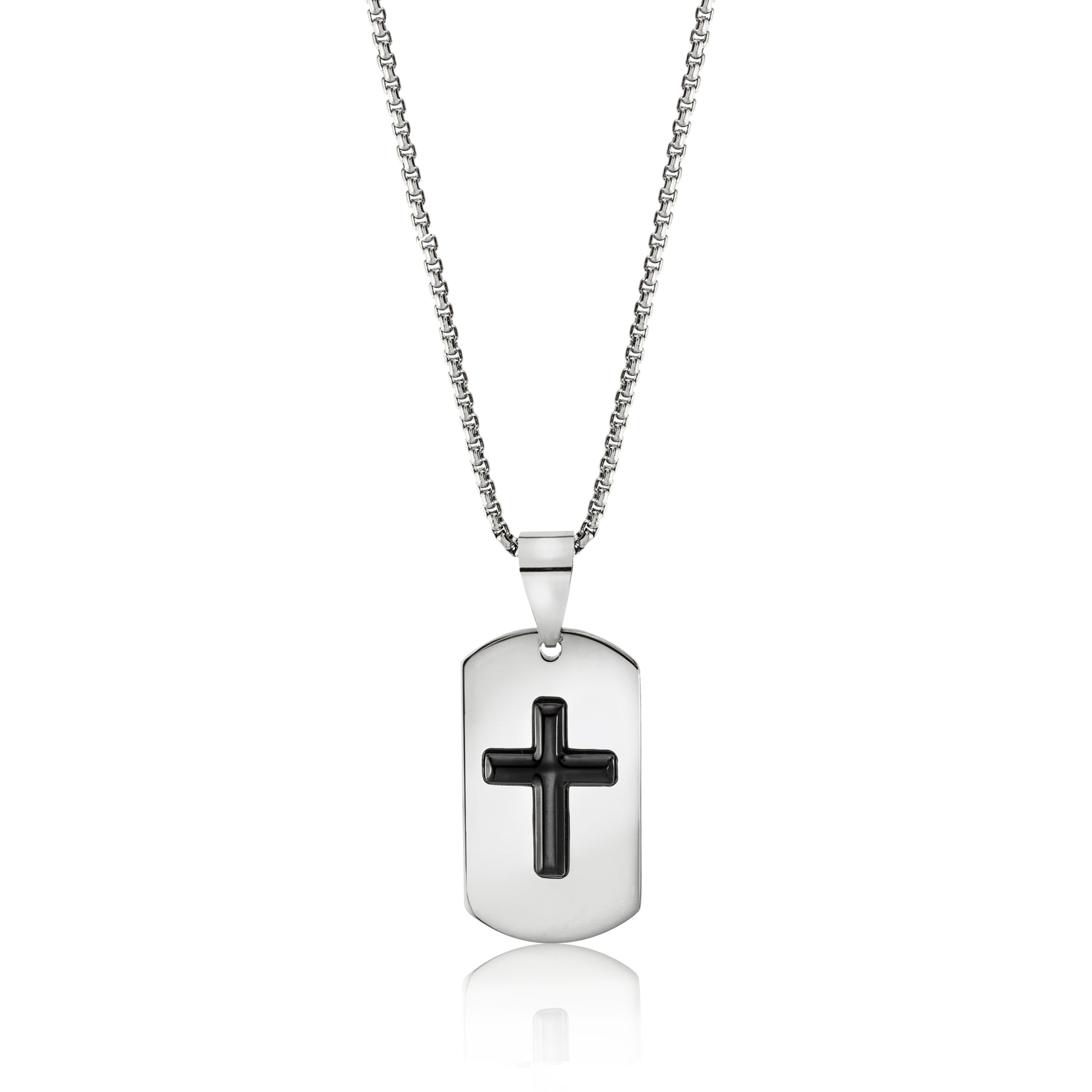 Stainless Steel Dog Tag Cross Pendant Necklace with Black Onyx Relig Joyful Sentiments