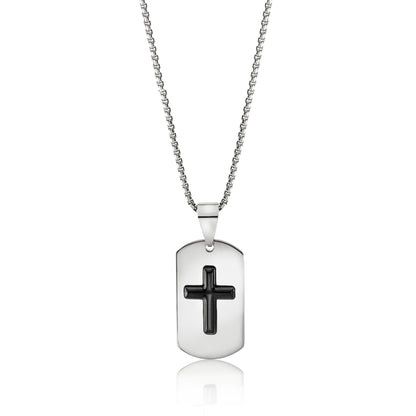 Stainless Steel Dog Tag Cross Pendant Necklace with Black Onyx - Religious Jewelry for Men or Women