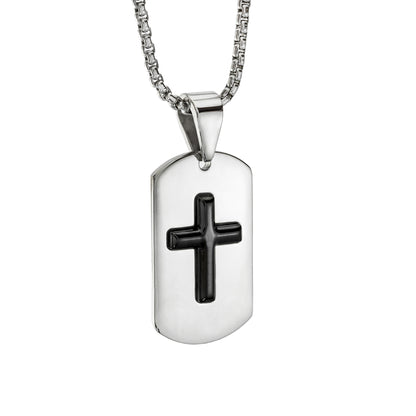 Stainless Steel Dog Tag Cross Pendant Necklace with Black Onyx - Religious Jewelry for Men or Women