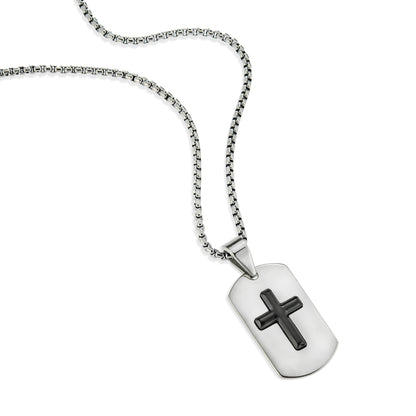 Stainless Steel Dog Tag Cross Pendant Necklace with Black Onyx - Religious Jewelry for Men or Women