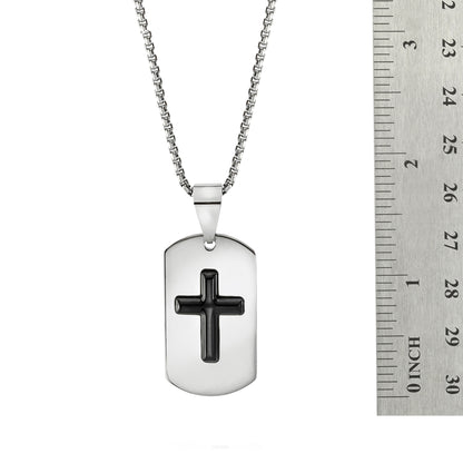 Stainless Steel Dog Tag Cross Pendant Necklace with Black Onyx - Religious Jewelry for Men or Women