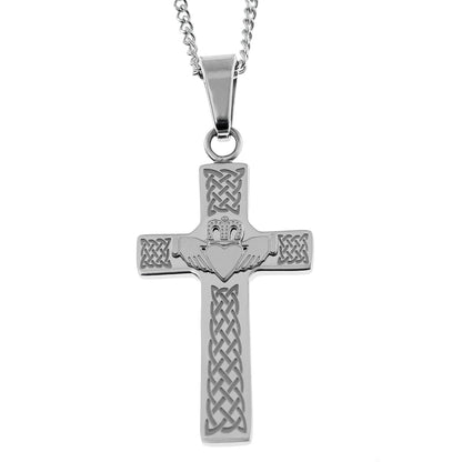 Stainless Steel Celtic Claddagh Cross Pendant Necklace - Irish Symbol of Love, Loyalty & Friendship