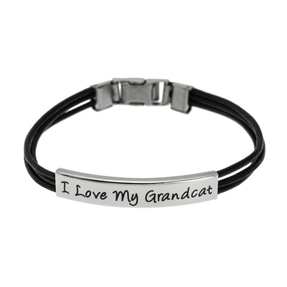 I Love My Grandcat Engraved Leather & Stainless Steel Bracelet - Sentimental Cat Lover Jewelry Gift