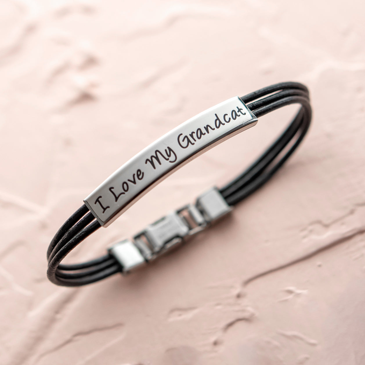 I Love My Grandcat Engraved Leather & Stainless Steel Bracelet - Sentimental Cat Lover Jewelry Gift